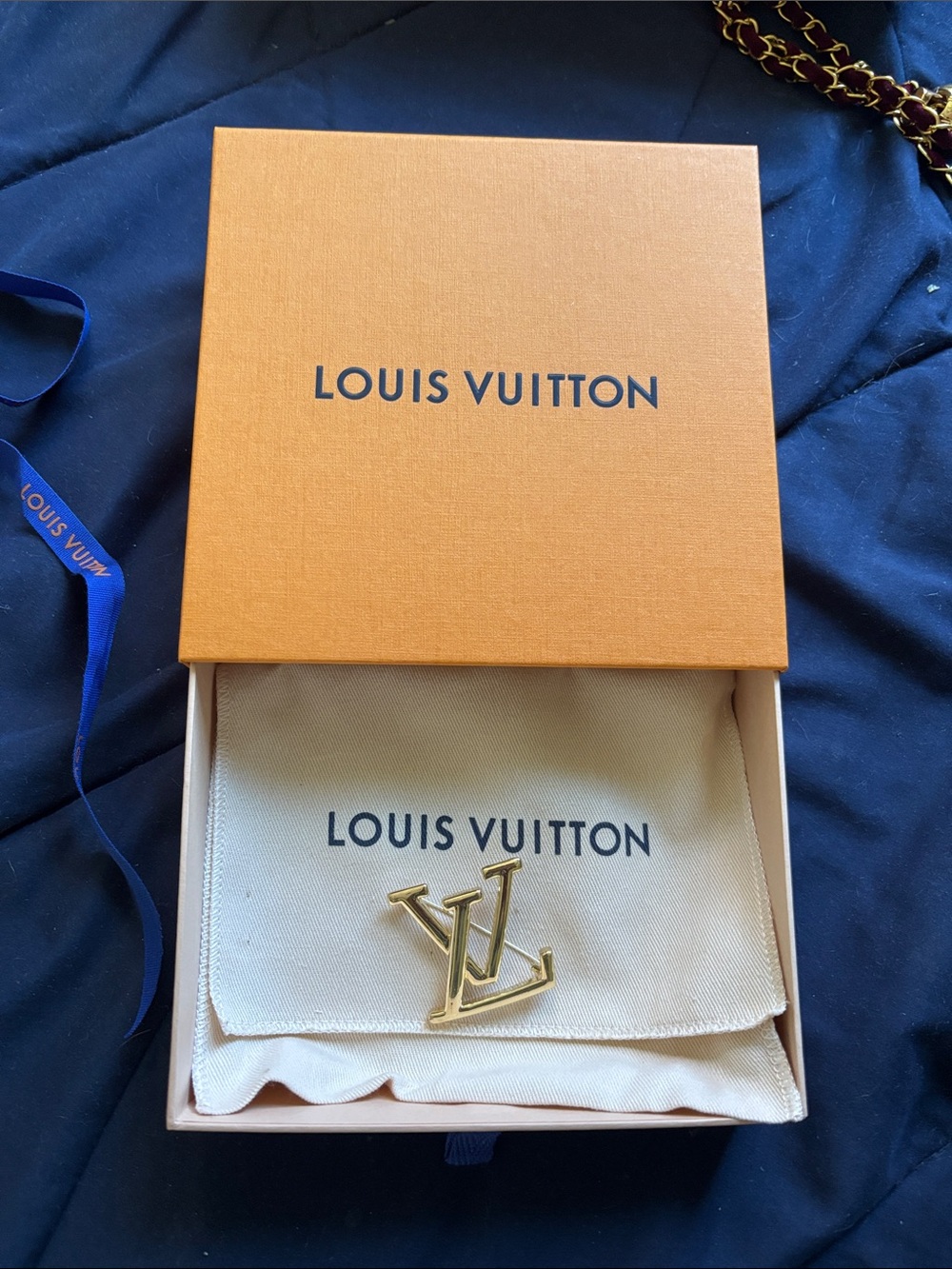 Louis Vuitton Gold-Tone LV Monogram Pin with Dust Pouch & Orange Box